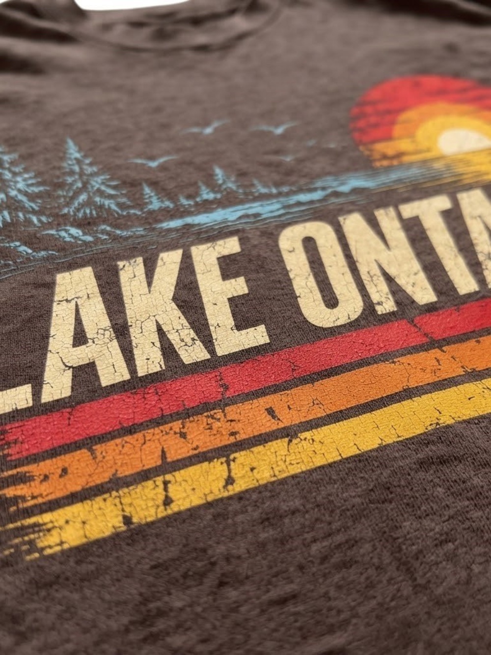 Brown "Lake Ontario" Graphic Tee with Red, Yellow & Cream Sunset - Picture 2 of 2